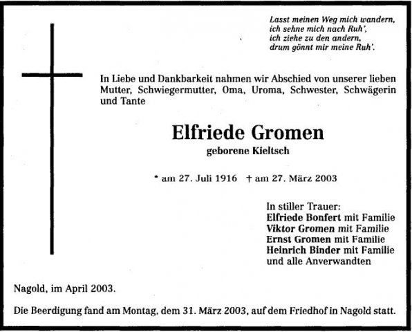 Kieltsch Elfriede 1916-2003 Todesanzeige